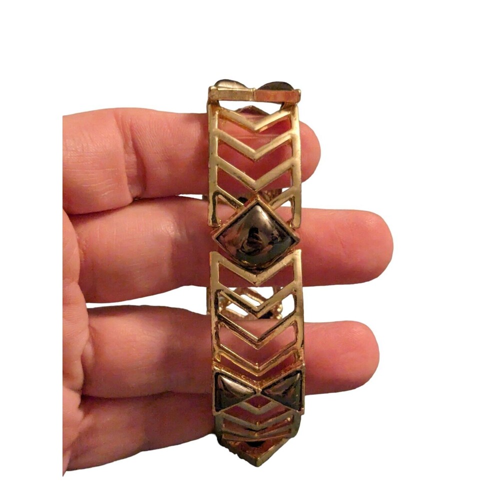 Chevron Gold Tone Costume Jewelry Cut Out Bracelet Smoke Gemstones Adjustable